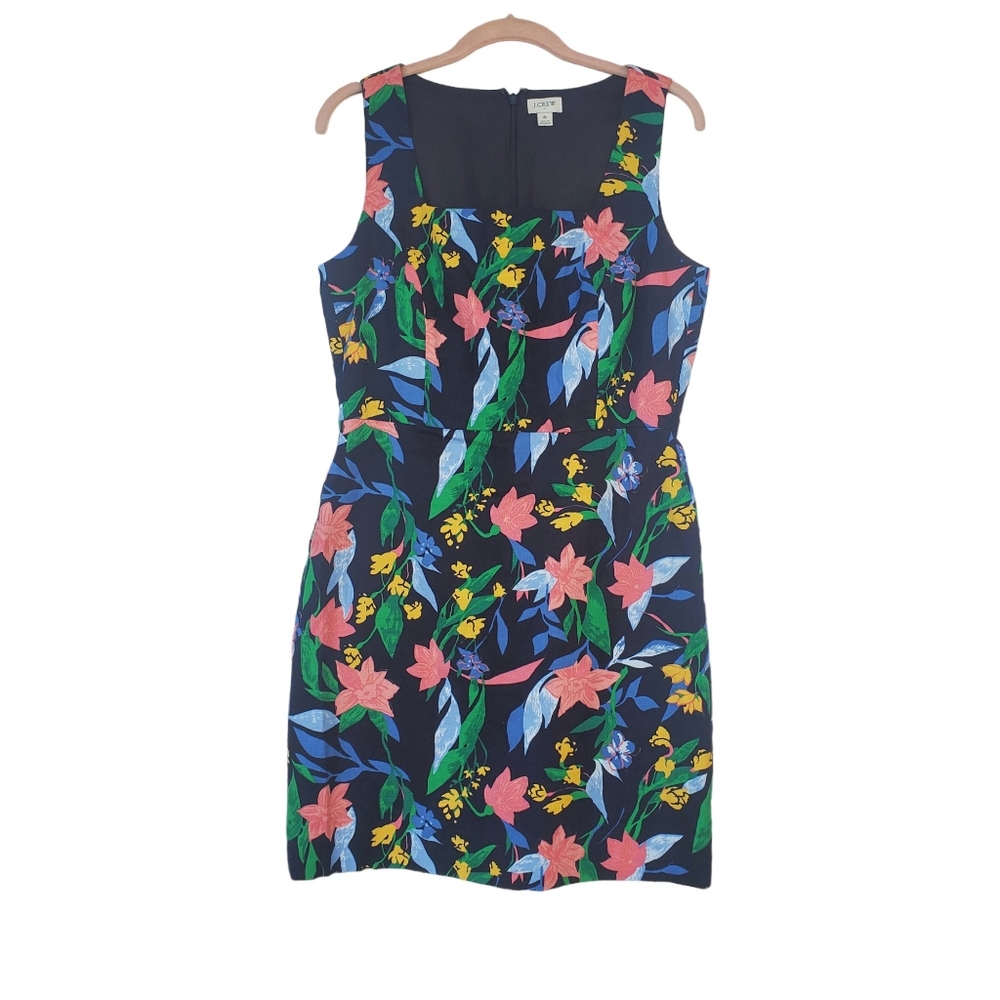 J. CREW Sheath Shift Dress Floral Navy Blue Size 6 - Like NEW! Cotton